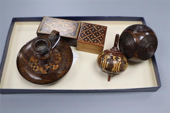 Victorian Tunbridge ware: chamberstick, humming top, two boxes and a puzzle ball